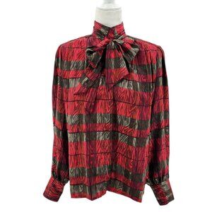 Vintage Nicola Womens Small Top Tie Satin Blouse Red Brown Zebra Stripe Floral